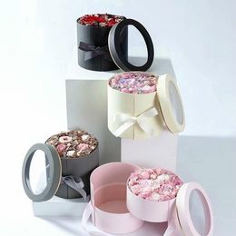 -Doppelschicht runde Blumenpapierboxen mit Band kreativer Rosenbouquet Geschenkverpackung Verpackung Pappe Valentinstag Hochzeitsdekoration C0427