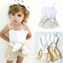 New Fashion Sweet Sexy Toddler Kid Baby Girl Rompers Casual Lace Sling Openwork Bow Rompers Top Outfit Summer Clothes G220521