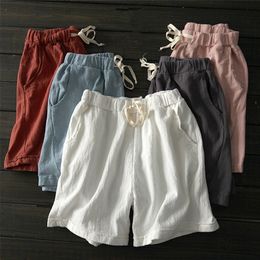 Cotton Linen Shorts Wild Wide Leg Elastic Waist Loose Large Size Spring Summer Literary Women's Home Casual 220427