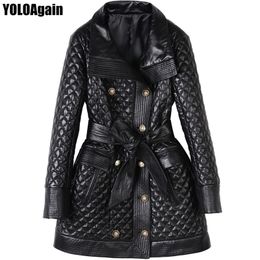 YOLOAgain women genuine leather jacket ladies double breasted long real coat 201030