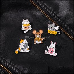 Pins Brooches Jewelry Cartoon Rabbit Mouse Cat Eat Fish Model Japanese Women Alloy Camera Cheese Box Lapel Pins Children Enamel Schoolbag S