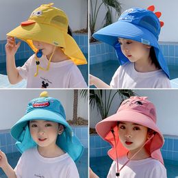 Baby Kids Holiday Sun Caps Stereo Dark Dinosaur Design Wide Brim Hats Breath Cotton Adjustable Visor Comfortable Outwear Neck Protection Hat Suit For Kids 4-12T