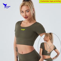 Women Short Sleeve Running Shirts Quick Dry Elastic Padded Yoga Crop Top Backless Gym Fitness Push Up Bra Sportswear Custom 220608