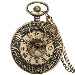 Bronze Carved Roman Number Cover Pocket Watch Men Women Quartz Analogue Clock Necklace Pendant Chain Collectable Timepiece