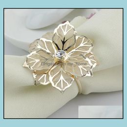 Napkin Rings Table Decoration Accessories Kitchen Dining Bar Home Garden Fashion Upscale Gold Flower Rhinestone We Dhtdq
