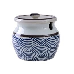 Japanese Ceramic Spice Jar Salt Seasoning Pot with Lid Spoon for Home Resturant Kitchen Blue and White Hand Painted Flower