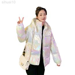 Glossy Short Down Cotton Jacket Women Winter New Style Hooded Stand Collar Loose Yellow Pink Blue Coats Top L220730