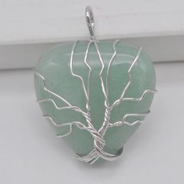 Pendant Necklaces Lucky Handmade Tree Of Life Green Aventurine Stone Heart Wire Wrap Jewelry S3167Pendant