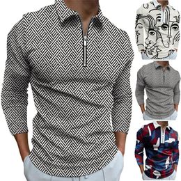 Men's Polos T-shirts Wolfs Men's Casual Printed Top Shirts Zipper Turn-Down Collar Tops Blouse Long Sleeve Striped HandsomeMen's