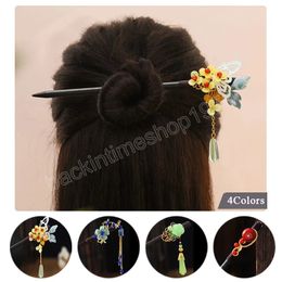 Handmade Ancient Style Hair Fork Vintage Wood Flower Hairpin Hanfu Tassel Princess Step Shake Hair Sticks Women Hair Accessories