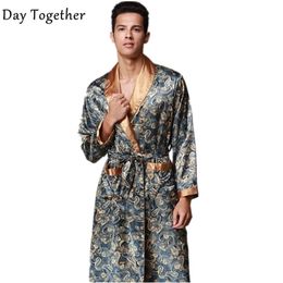 Summer Luxury Satin Pajamas Bathrobe Print Kimono Robes Vneck Faux Silk Male Chinese Silk Robe Nightwear Man 201109