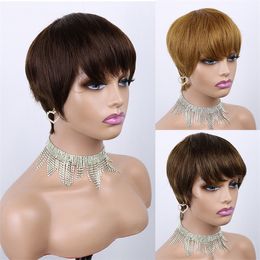 Short Straight Honey Blonde Colour Pixie Cut Wave Wig Non Lace Human Hair Wigs With Bangs For Black Women