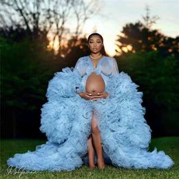 Bridal Fluffy Tulle Maternity Robes Custom Made Sky Blue Women Long Tulle Dresses Photo Shoot Beach Birthday Party Tulle Robe 210322