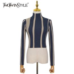 TWOTYLE Striped Temperament T Shirt For Women Turtleneck Long Sleeve Hit Color Slim Short Tops Female Fashionable 220402