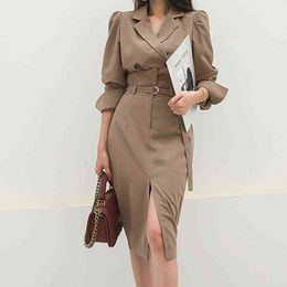 Fashion Spring Office OL 2 Piece Set Women Double-breasted Notched Collar Suit Jacket High Waist Belt Split Pencil Skirts Suit T220729