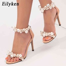 Sandals Eilyken Design String Beaded Cover Heel Zipper Sandals Elegant Fashion Pink Peep Toe Bride Wedding Dress Shoes Size 35 42 220318