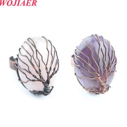WOJIAER Antique Rings for Women Natural Stone Egg Shape Bead Vintage Wire Wrapped Tree of Life Adjustable Ring BO913
