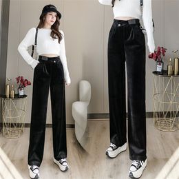 winter thickening corduroy wide-legged pants female han edition corduroy casual pants long straight tall waist trousers 210412
