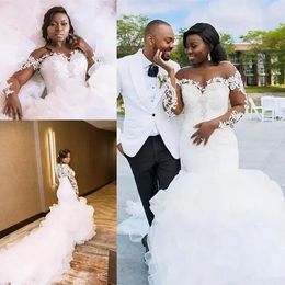 Sexy Luxus-Meerjungfrau-Brautkleider Illusion mit langen Ärmeln Spitze Kristallperlen Organza Kapellenschleppe Rüschen abgestuft Plus Size Brautkleider Vestidos de Novia BES121