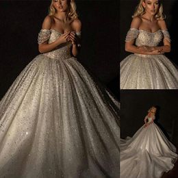 Luxury Pearls Beading Ball Gown Wedding Dress Puffy Off Shoulder Short Sleeve Sequins Bridal Gowns Custom Beads Lace Bride Dresses
