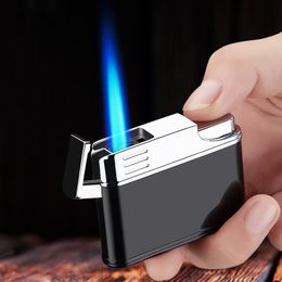 New Straight Flush Blue Torch Gas Lighter Metal Windproof Press Ignition Portable Cigar Lighter Butane Inflated Smoking Accessories Gadgets