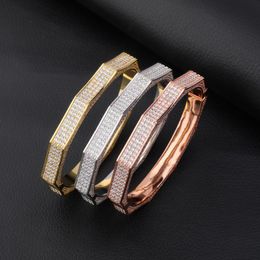 Bangle Hip Hop Full Cubic Zirconia Paved Out Open Men Women Gold Colour Geometric CZ Bracelets Bling Rapper JewelryBangleBangleBangle BangleB