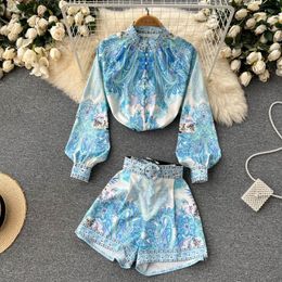 Women's Tracksuits Printing Women's Spring Summer Fashion Stand Neck Long Sleeve Shirt Wide Leg Shorts Two-piece Sets G750Women's