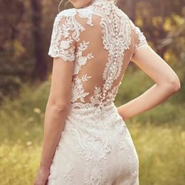 Luxury Jumpsuits High Neck Wedding Dress Short Sleeve Illusion Lace Appliques Button High Quality Bride Gown Vestidos De Soiree BE327S