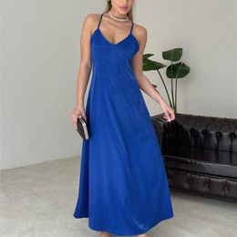 OOTN Satin V-Neck Strap Party Dress Sexy Backless Cross Bandage Prom Dress Blue Summer A-Line Thin Maxi Dress Women Elegant Chic 220511