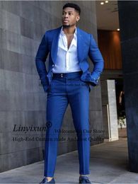 Men's Suits & Blazers Fashion Blue Men Slim Fit 2 Pieces Wedding Formal Groom Terno Masculino Wear Custom Made Men's Clothes Blazer Outf