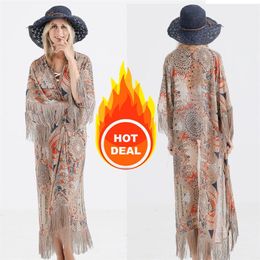 Retro Printed Half Sleeve Chiffon Cardigan Kimono Boho Fringed Tassels Bikini Cover Up Ankle Length Cape Beach Swimsuit 210302