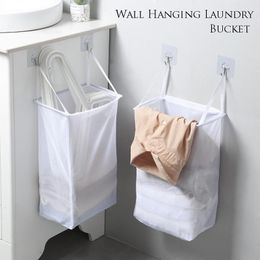 Laundry Bags Wall Hanging Basket Cube Dirty Clothes Storage Collapsible Mesh Punch-free Home Organizer With 2 Hooks