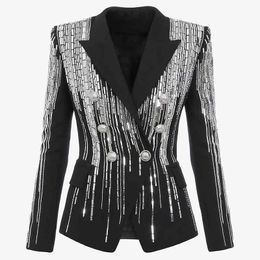 HIGH STREET est Fashion Designer Jacket Womens Double Breasted Luxurious Stunning Silver Metal Buttons Beaded Blazer 210521