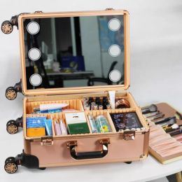 High capacity professional makeup artist beauty trolley cosmetic case multi functional tattoo storage tool with light suitcase toolbox