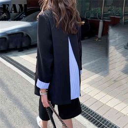 EAM Women Black Striped Split Big Size Blazer Lapel Long Sleeve Loose Fit Jacket Fashion Spring Autumn 1Z369 210915