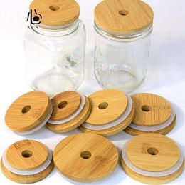 US STOCK Bamboo Cap Lids 70mm 88mm Reusable Wooden Mason Jar Lid with Straw Hole and Silicone Seal FY5015 F0419