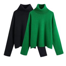 TRAF Women Fashion With Ribbed Trim Loose Knit Sweater Vintage High Neck Long Sleeve Female Pullovers Chic Tops 220812