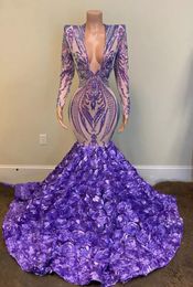 Lila Lavendel Meerjungfrau Abendkleider 2022 Prom Sparkly Pailletten 3D Blumen V-Ausschnitt Langarm Afrikanisches Schwarzes Mädchen Formales Abendkleid PRO232
