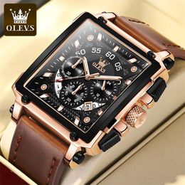 Olevs relógio original para homens top marca luxo oco quadrado esporte relógios moda pulseira de couro à prova d 'água relógio de relógio de quartzo 220407