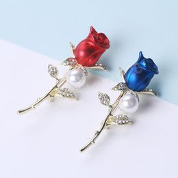 Korean Pearl Rose Flower Brooches for Women Elegant Crystal Enamel Pins Suit Sweater Corsage Fashion Valentine's Day Gifts