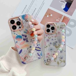 Wrist Strap Ultra Thin IMD Soft TPU Clear Floral Phone Cases for iPhone 13 12 11 Pro Max XR XS X 8 7 Plus