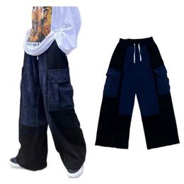 Men's Pants Japanese Retro Corduroy Men's Spring And Autumn Loose Wide-Leg Big Pocket Drawstring PantsMen's