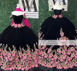 2022 Luxurious Velvet Floral Appliques Quinceanera Dresses Long Train Embroidery Off The Shoulder Ball Gown Charro Sweet 15 Dress 16 Girls