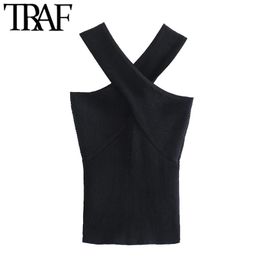 TRAF Women Sexy Fashion Cross Wide Straps Cropped Black Knit Tank Tops Vintage Backless Fitted Female Camis Mujer 220325