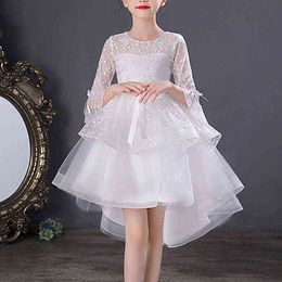 Kids Little Girls' Dress Jacquard Party Birthday Embroidered Mesh Bow Asymmetrical 3/4 Length Sleeve Princess Sweet Dresses Y220510