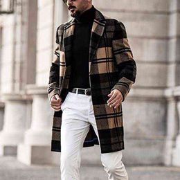 Men's Wool & Blends 2021 British Mid-length Long-sleeved Woolen Coat Suit Collar Fashion Print Plaid Autumn And Winter Trend T220810