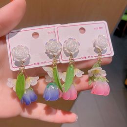 rose acrylic painting UK - Dangle & Chandelier Summer Fresh Oil Painting Style Acrylic Rose Drop Earrings for Women Classic Summer Flower Pearl Cute Elegant Trendy Jewelry