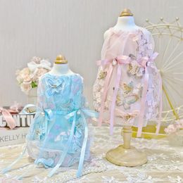 Dog Apparel Summer Fashion Pink Blue Pet Clothes Luxury Handmade Embroidery Butterfly Bowknot Lace Princess Dress For Small Puppy DogDog