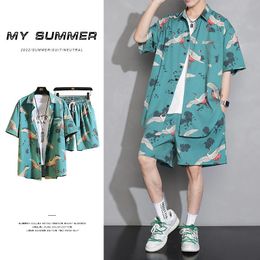 Men's Tracksuits Summer Print Sets Men Fashion Casual Shirt Shorts Two-piece Korean Loose Ice Silk Suit Mens Short Plus Size M-5XLMen's
