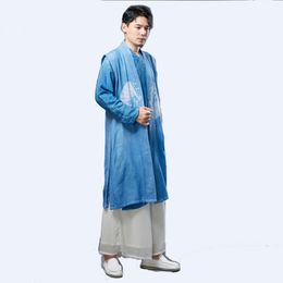 Asian Ethnic Clothing Men Vintage Cotton Linen Long Shirt Casual Blue print Robe Tang suit Clothes sets